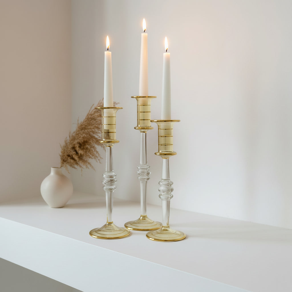 Fair Trade Long Stem Handcrafted Blown Glass Candle Holder - Yellow & Gold