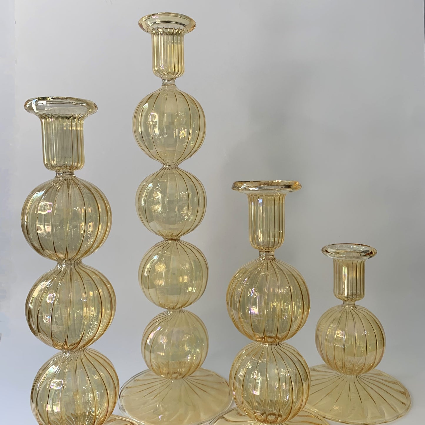 Long Stem Blown Glass Candle Holder With Baubles - Yellow