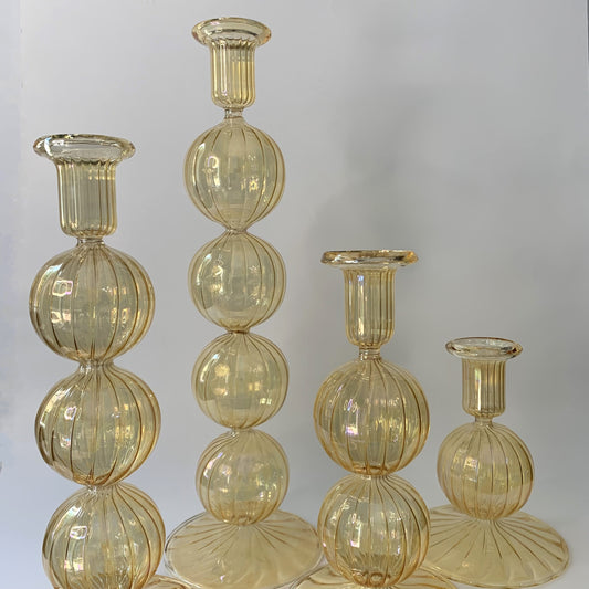 Long Stem Blown Glass Candle Holder With Baubles - Yellow