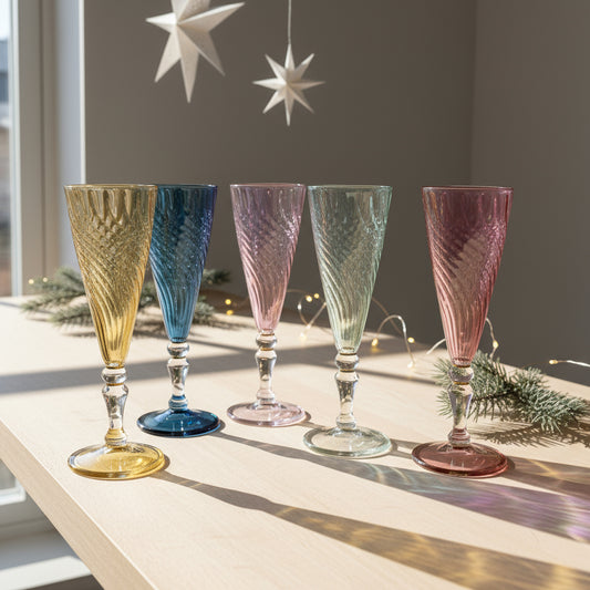 Handblown Glass Long Stem Champagne Flute - Iridescent Bright Colored, Fair Trade, Ethically Made, Heritage, Heirloom Quality