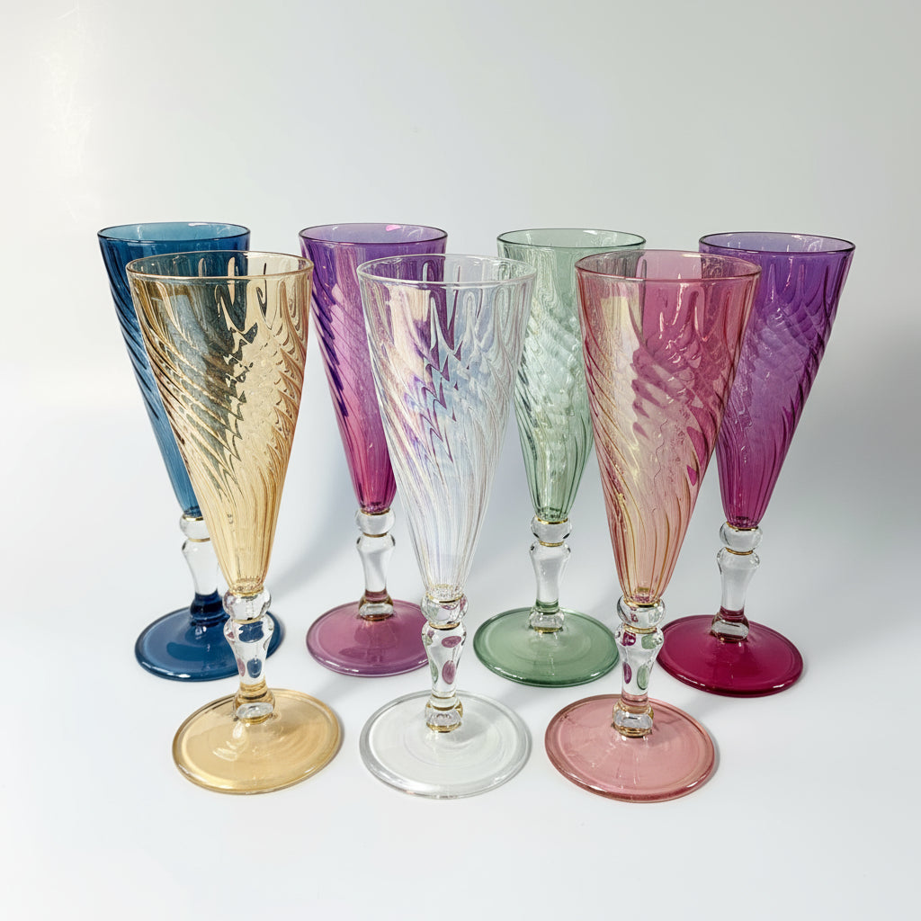 Handblown Glass Long Stem Champagne Flute - Iridescent Bright Colored, Fair Trade, Ethically Made, Heritage, Heirloom Quality