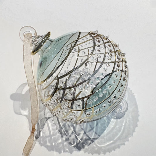 Handblown glass ornament with Art Decor Style Design, painted in gold and green