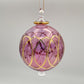 Fair trade handblown glass pink ornament with stars and lozenges etched pattern and gold detail, ethically handmade