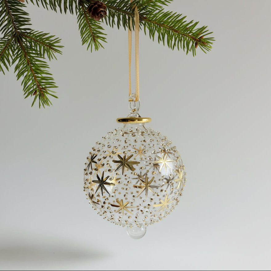 Handblown glass bauble ornament with gold stars and dots patterns etched and embossed on the ornament, fair trade, ethically handmade
