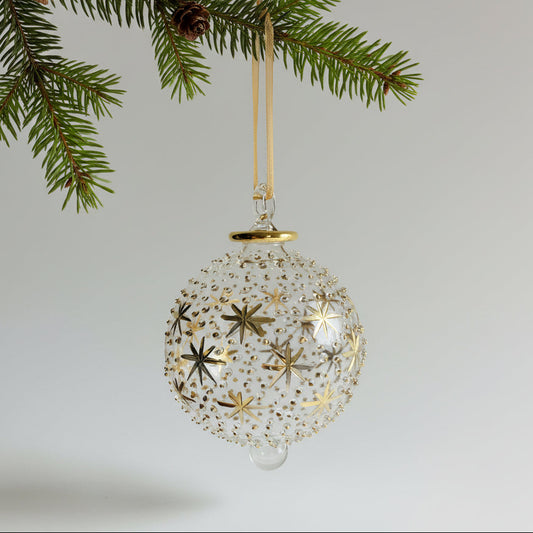 Handblown glass bauble ornament with gold stars and dots patterns etched and embossed on the ornament, fair trade, ethically handmade