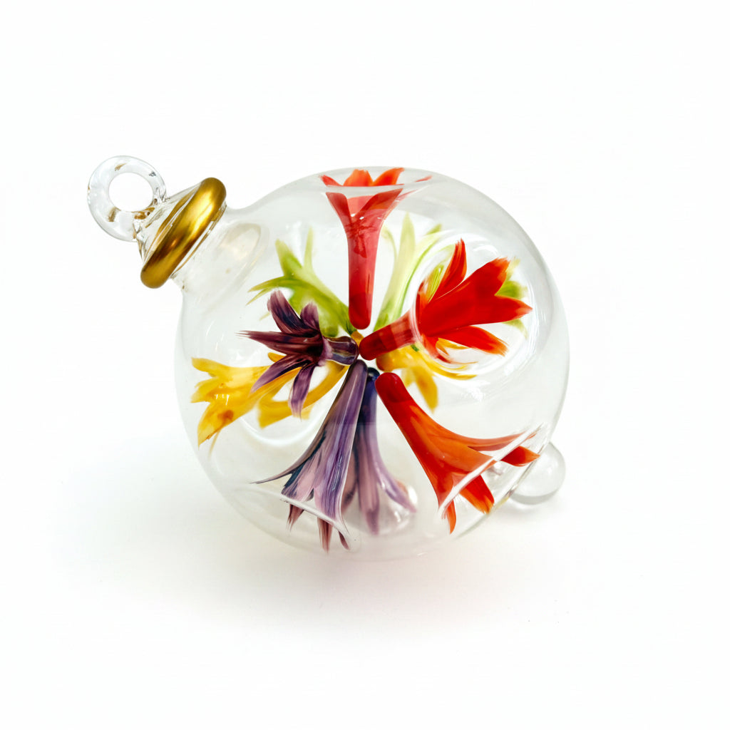 Handblown Glass Ornament with Floral Design Inspired by Paul Klee's Trees & Architecture Painting, Fair Trade Handcrafted