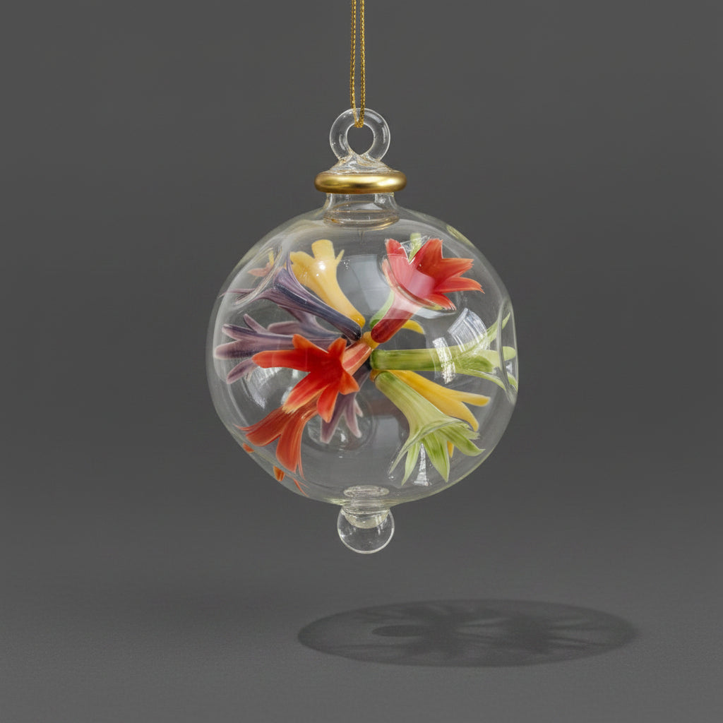 Handblown Glass Ornament with Floral Design Inspired by Paul Klee's Trees & Architecture Painting, Fair Trade Handcrafted