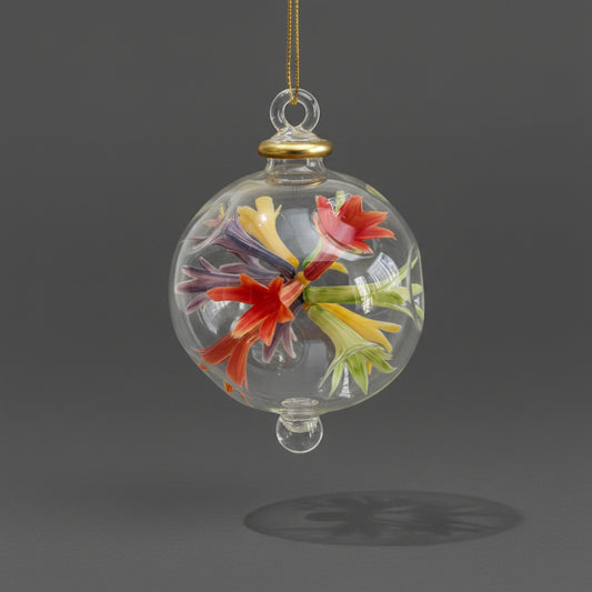 Handblown Glass Ornament with Floral Design Inspired by Paul Klee's Trees & Architecture Painting, Fair Trade Handcrafted
