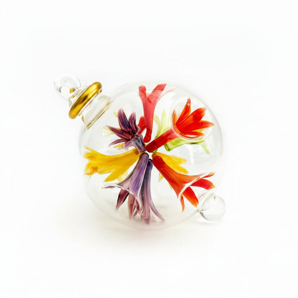 Handblown Glass Ornament with Floral Design Inspired by Paul Klee's Trees & Architecture Painting, Fair Trade Handcrafted