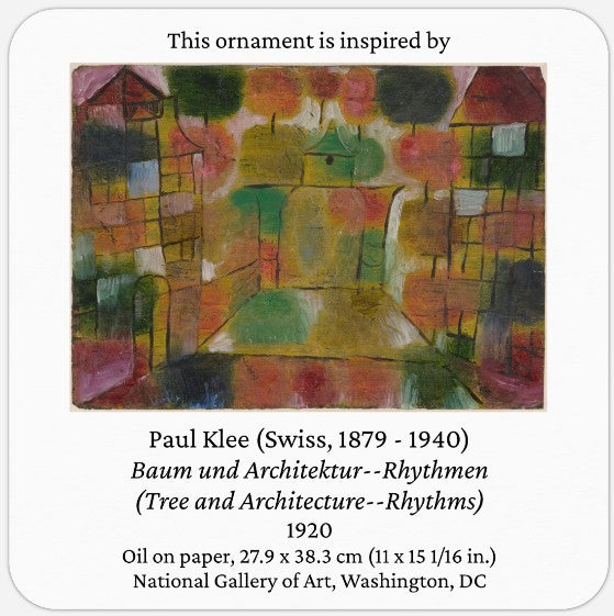 Handblown Glass Ornament with Floral Design Inspired by Paul Klee's Trees & Architecture Painting, Fair Trade Handcrafted