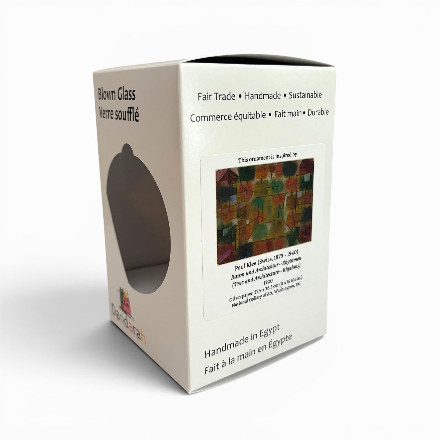 Handblown Glass Ornament with Floral Design Inspired by Paul Klee's Trees & Architecture Painting, Fair Trade Handcrafted