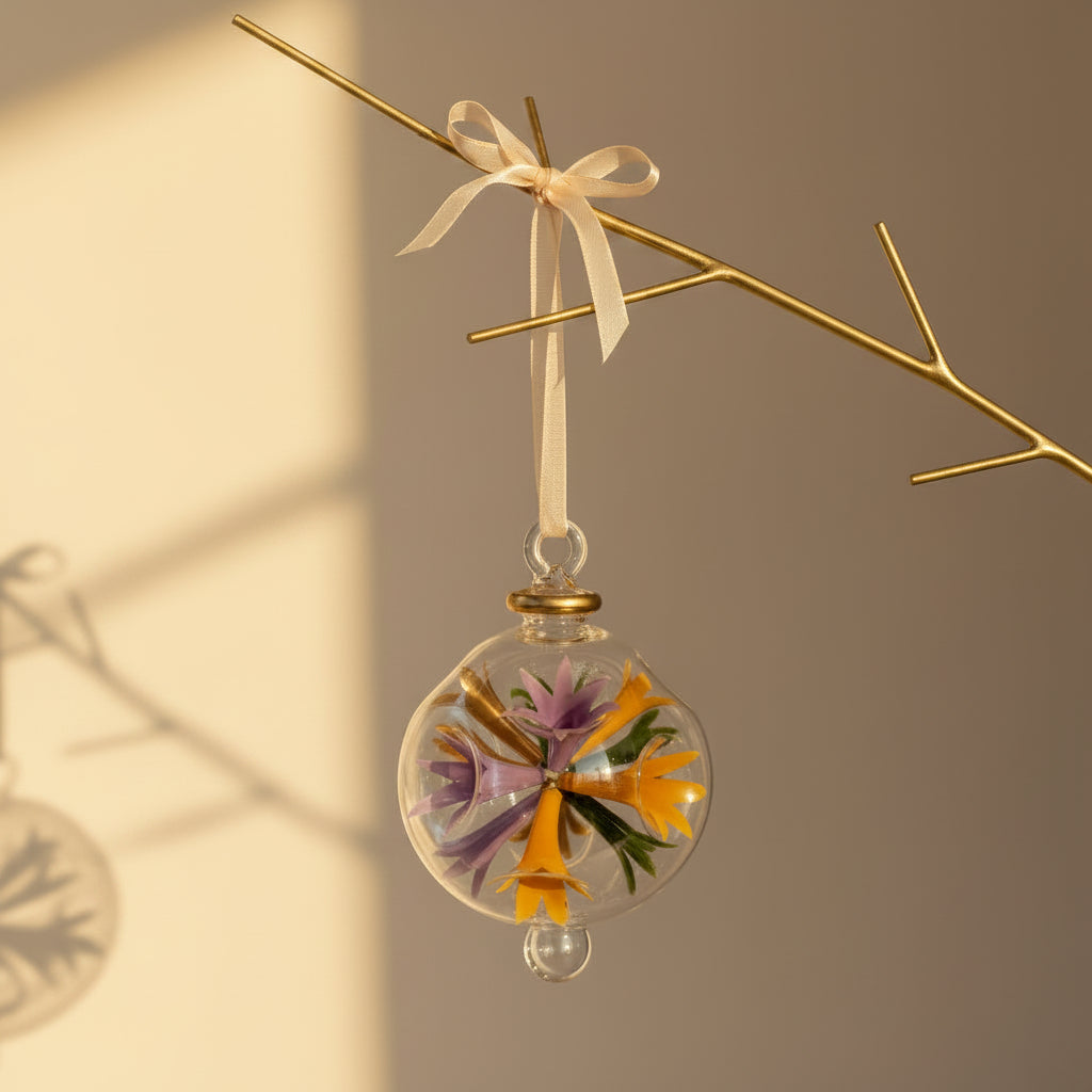 Decorative blown glass ornament with floral design inspired from Klimt's The Kiss painting, fair trade