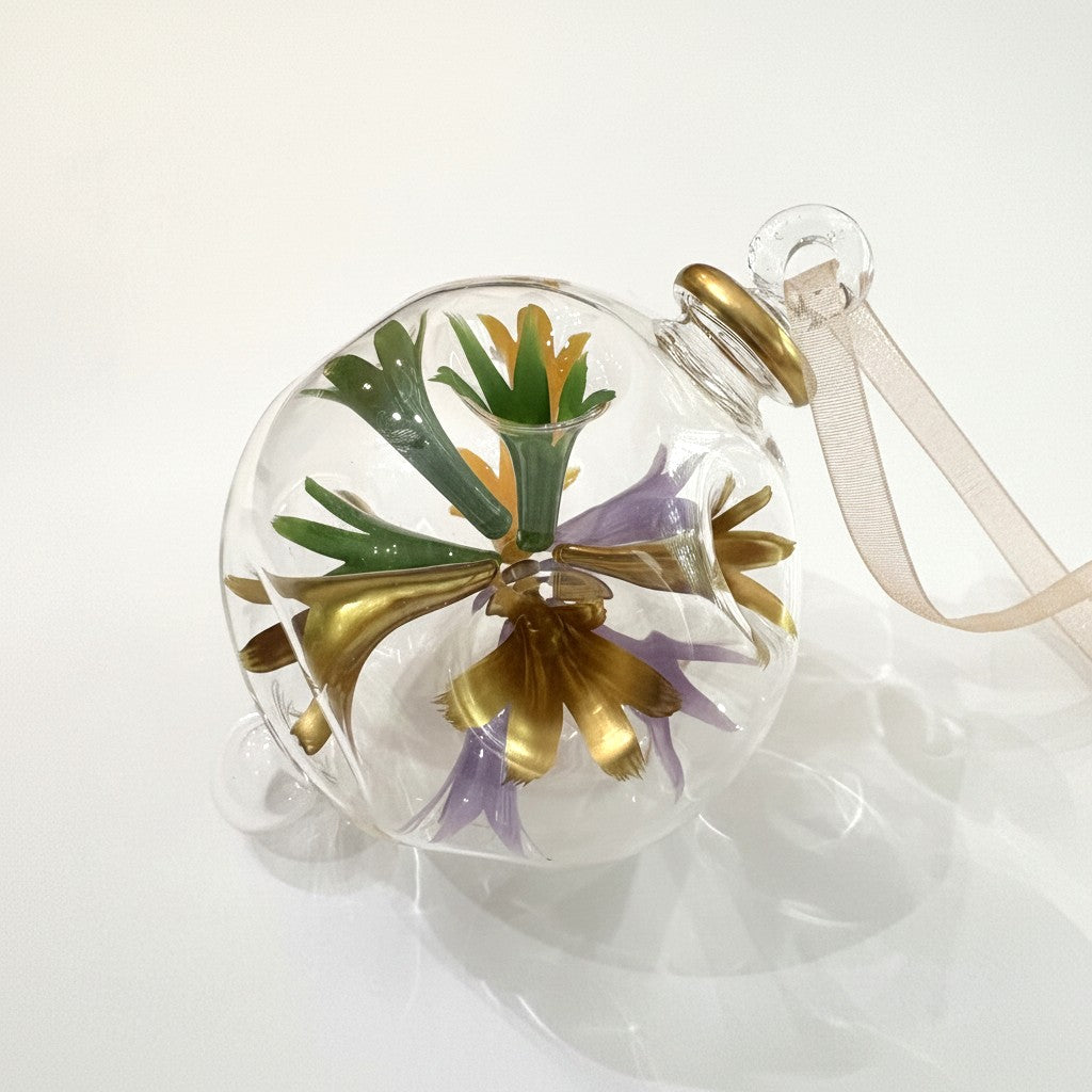 Decorative blown glass ornament with floral design inspired from Klimt's The Kiss painting, fair trade