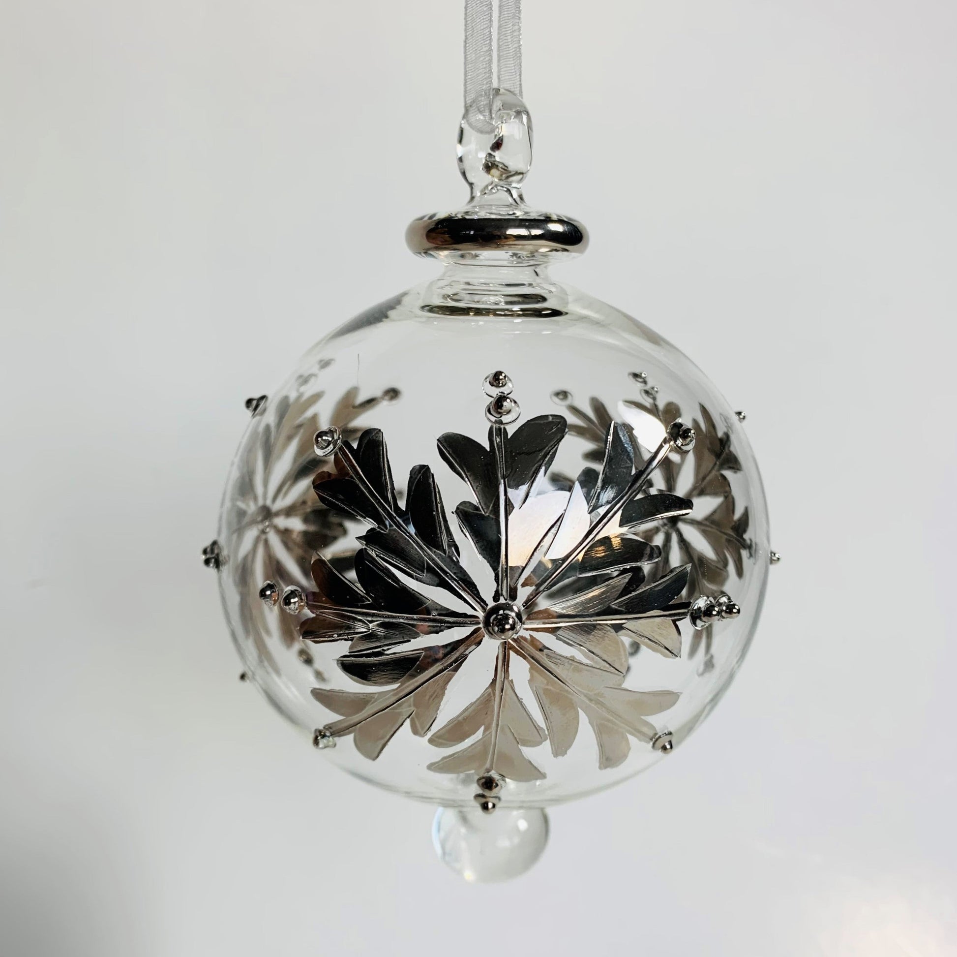 Fair Trade Blown Glass Ornament - Silver Snow Flake