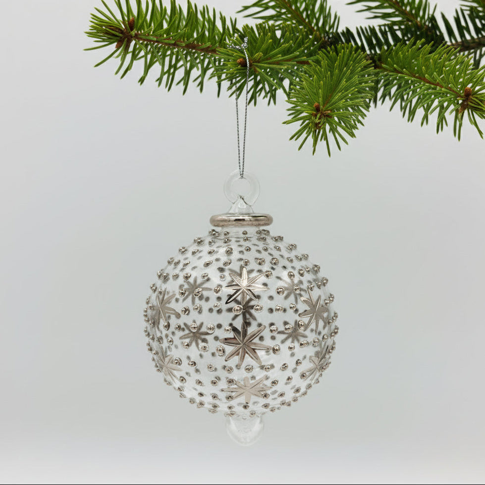 Fair Trade Handblown Glass Ornament - Silver Stars & Dots
