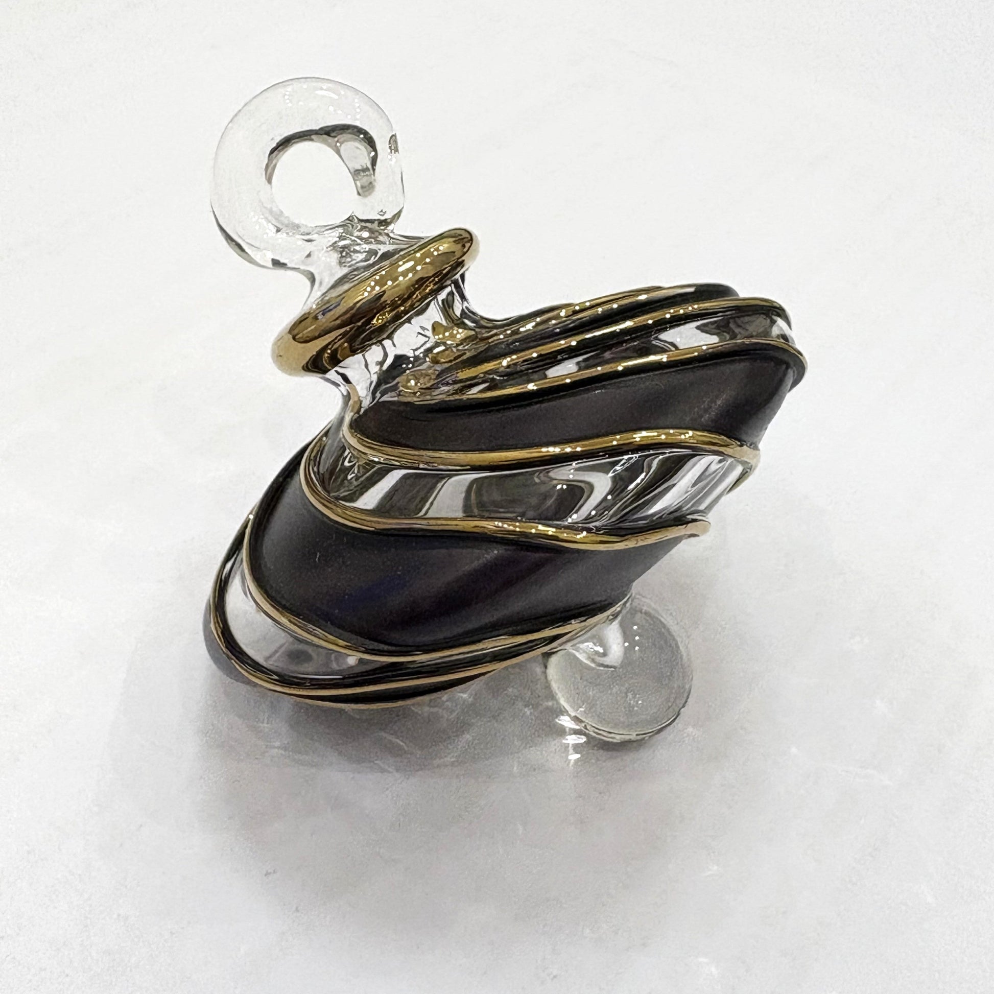 Blown Glass Small Ornament in the Shape of a Spinning Top with Black and Clear Swirls and Gold Trim, Fair Trade Handmade