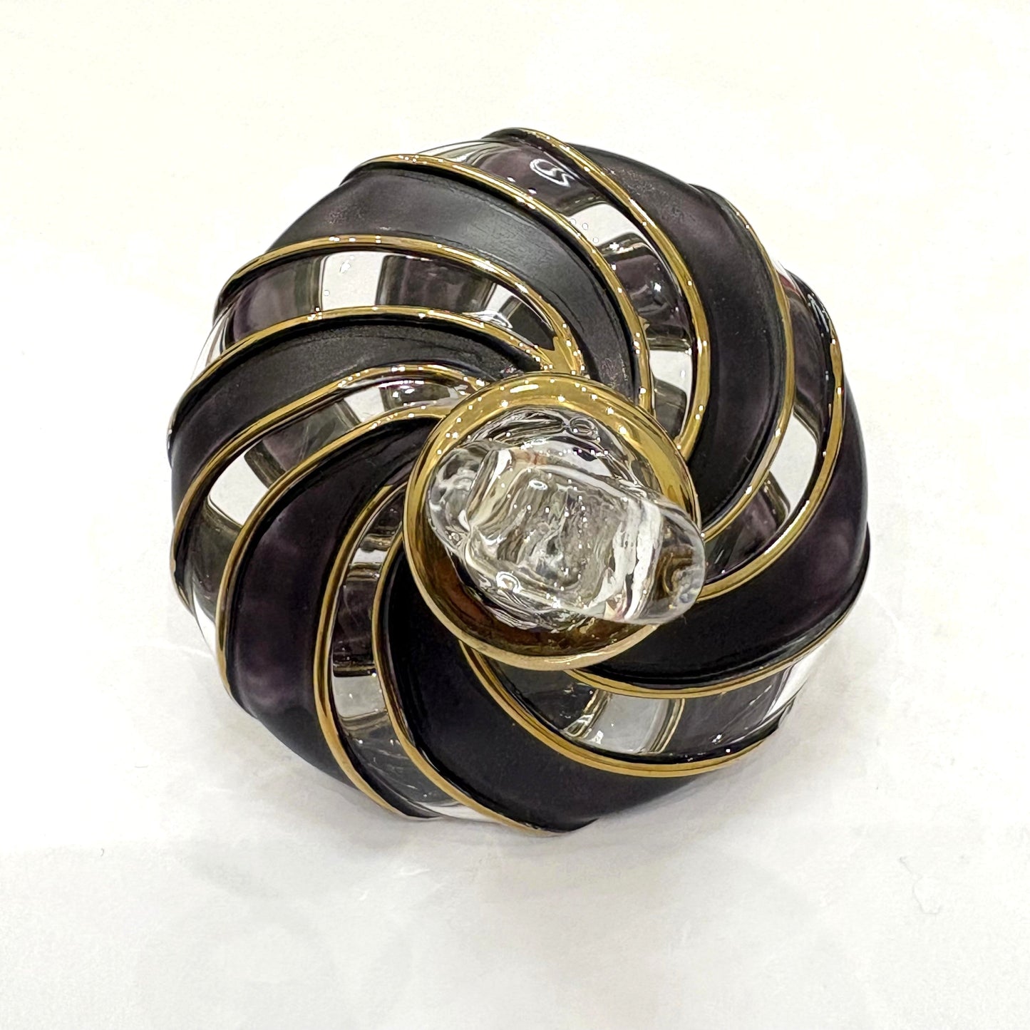 Blown Glass Small Ornament in the Shape of a Spinning Top with Black and Clear Swirls and Gold Trim, Fair Trade Handmade