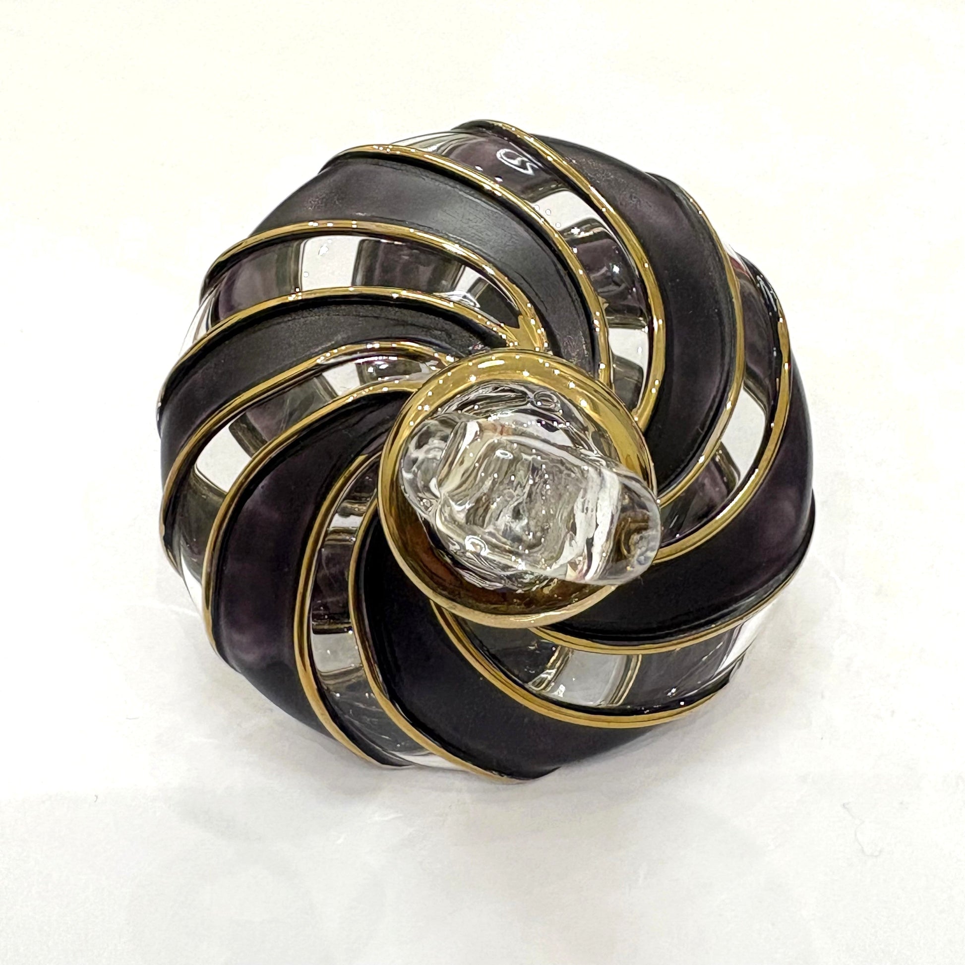 Blown Glass Small Ornament in the Shape of a Spinning Top with Black and Clear Swirls and Gold Trim, Fair Trade Handmade