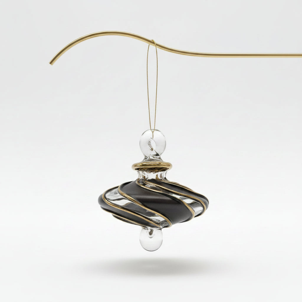 Blown Glass Small Ornament in the Shape of a Spinning Top with Black and Clear Swirls and Gold Trim, Fair Trade Handmade