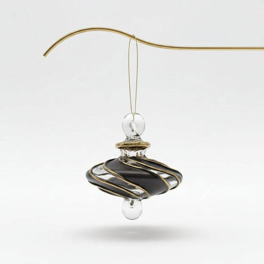 Blown Glass Small Ornament in the Shape of a Spinning Top with Black and Clear Swirls and Gold Trim, Fair Trade Handmade