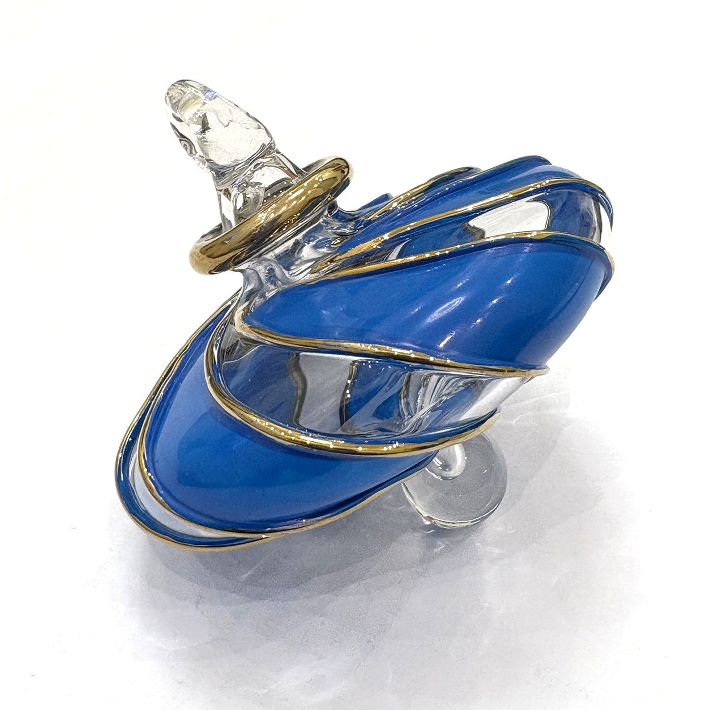 Blown Glass Small Ornament in the Shape of a Toupie with Clear and Blue Swirls and Gold Trim, Fair Trade Handmade