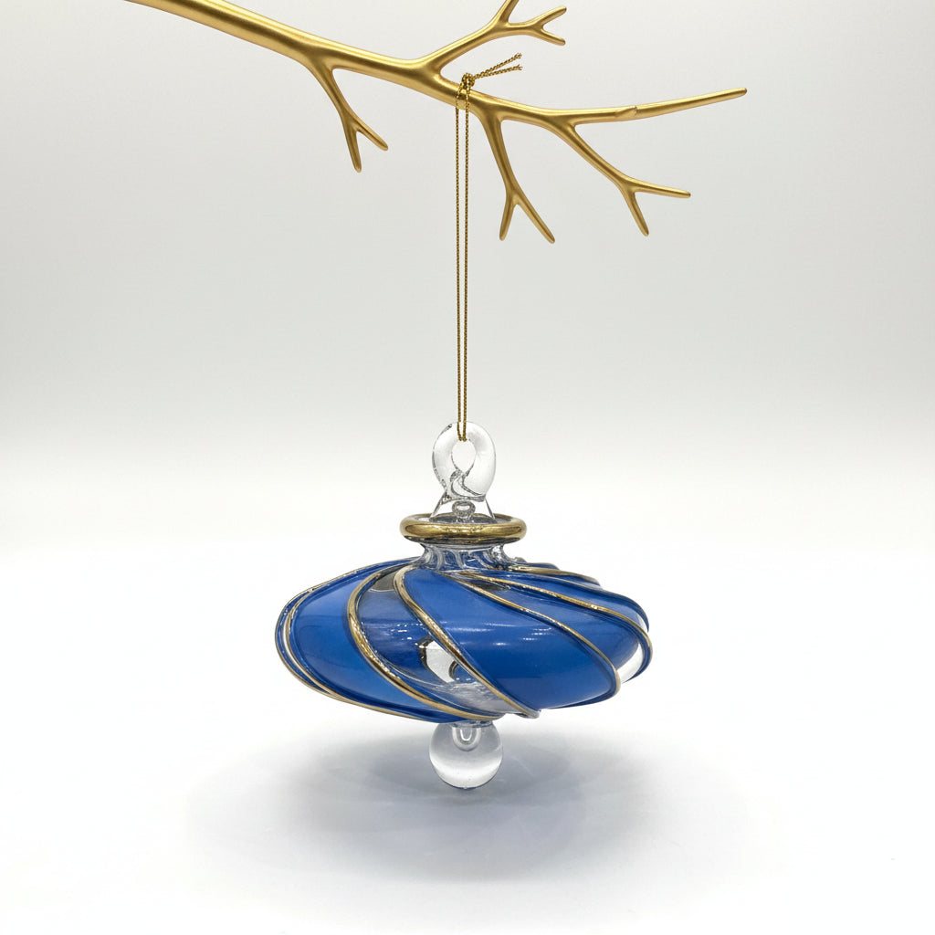 Blown Glass Small Ornament in the Shape of a Toupie with Clear and Blue Swirls and Gold Trim, Fair Trade Handmade