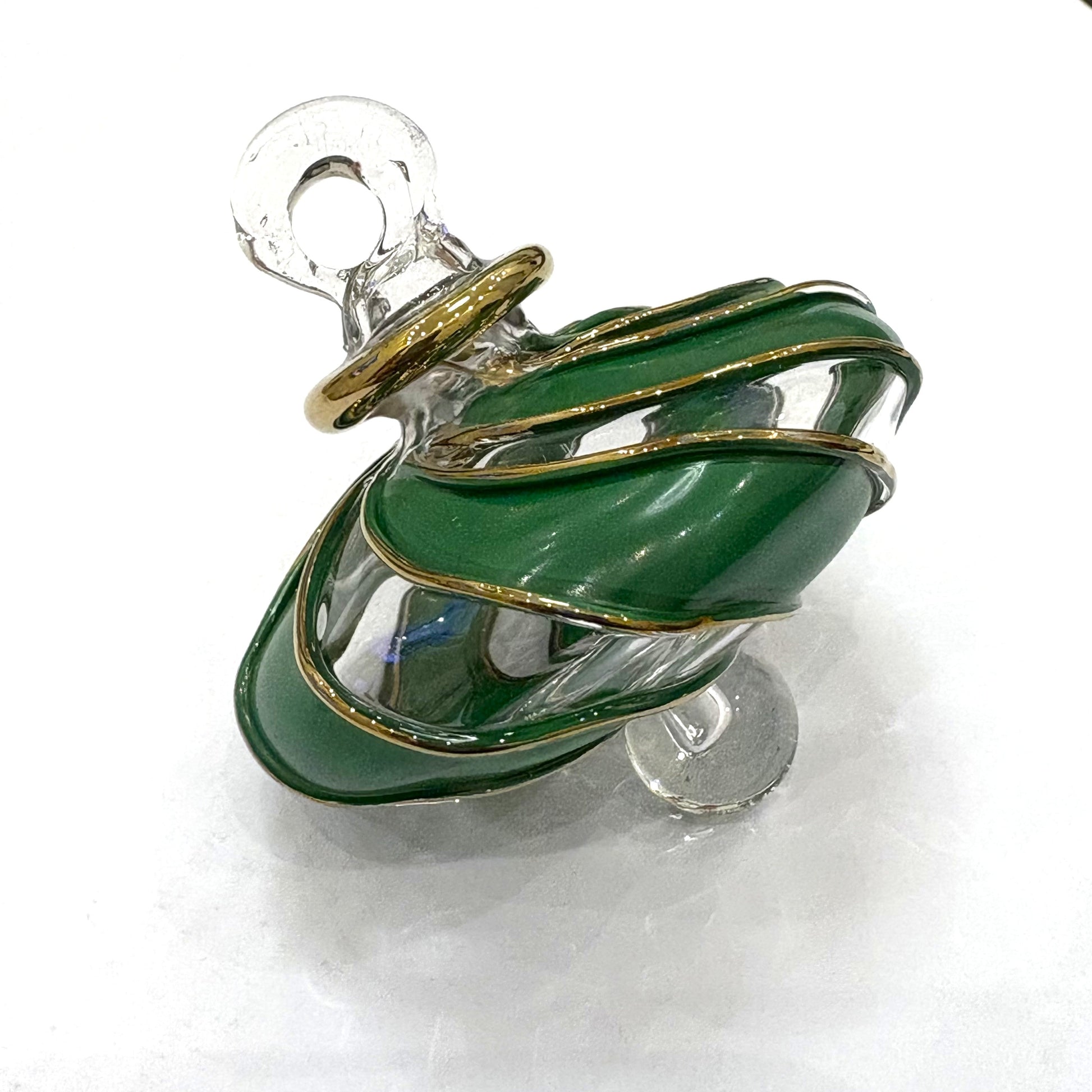 Blown Glass Small Ornament in the Shape of a Toupie with Clear and Green Swirls and Gold Trim, Fair Trade Handmade