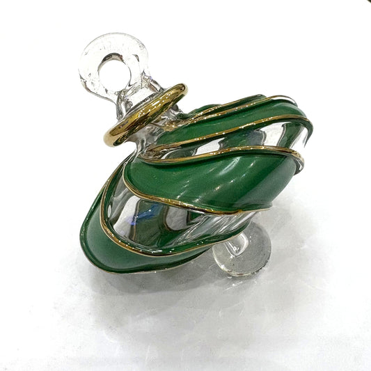 Blown Glass Small Ornament in the Shape of a Toupie with Clear and Green Swirls and Gold Trim, Fair Trade Handmade
