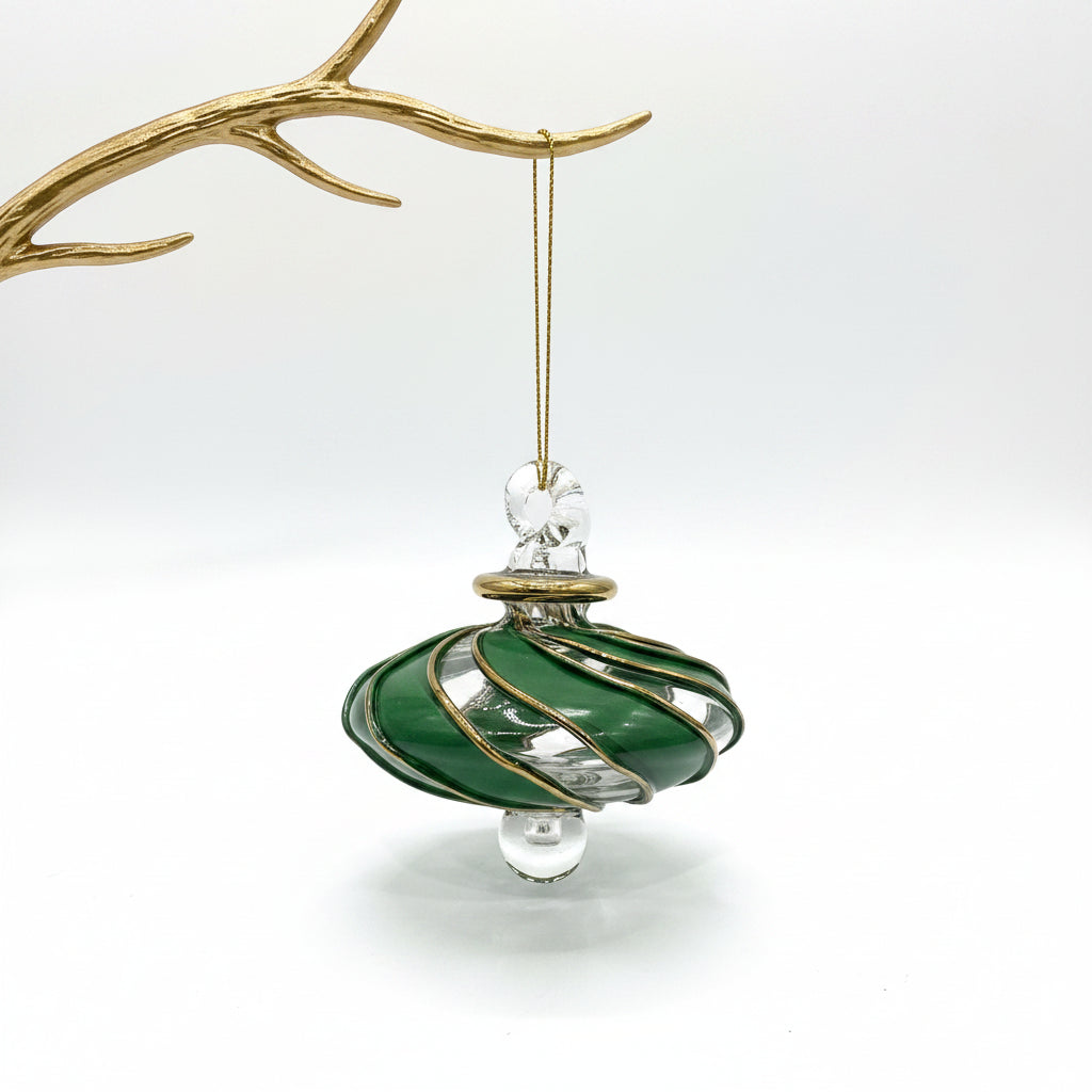 Blown Glass Small Ornament in the Shape of a Toupie with Clear and Green Swirls and Gold Trim, Fair Trade Handmade