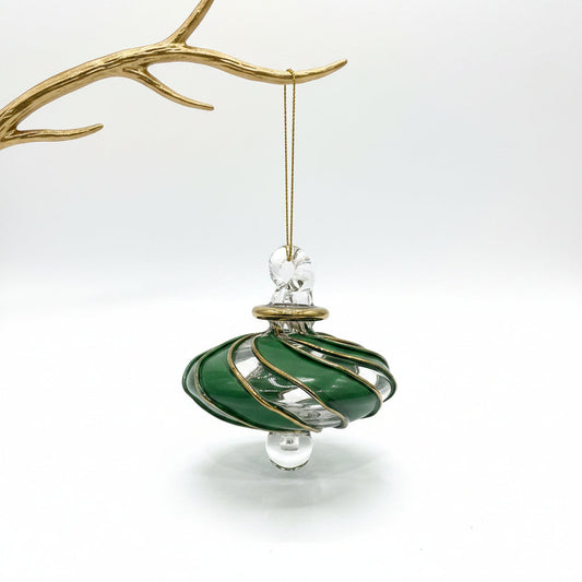 Blown Glass Small Ornament in the Shape of a Toupie with Clear and Green Swirls and Gold Trim, Fair Trade Handmade