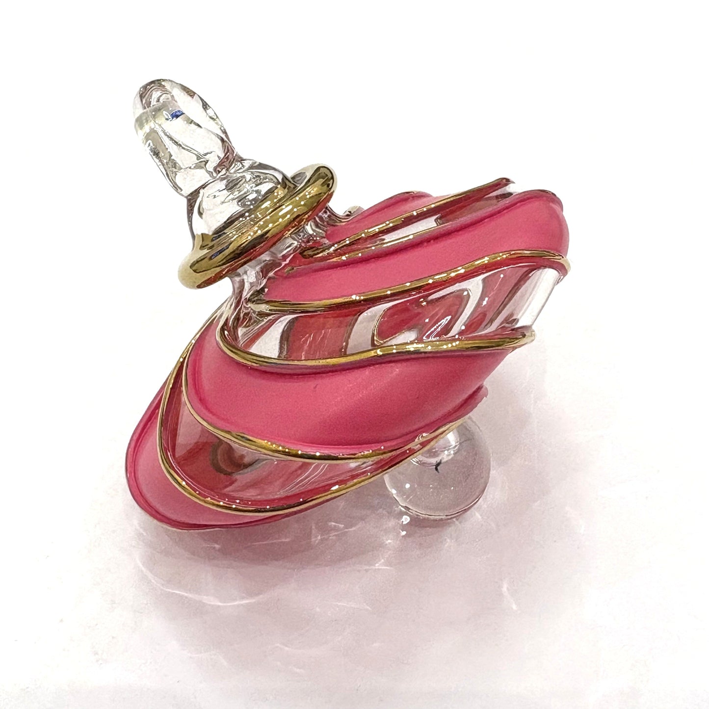 Blown glass ornament with pink and clear glass stripes with gold trim, Fair Trade Handcrafted