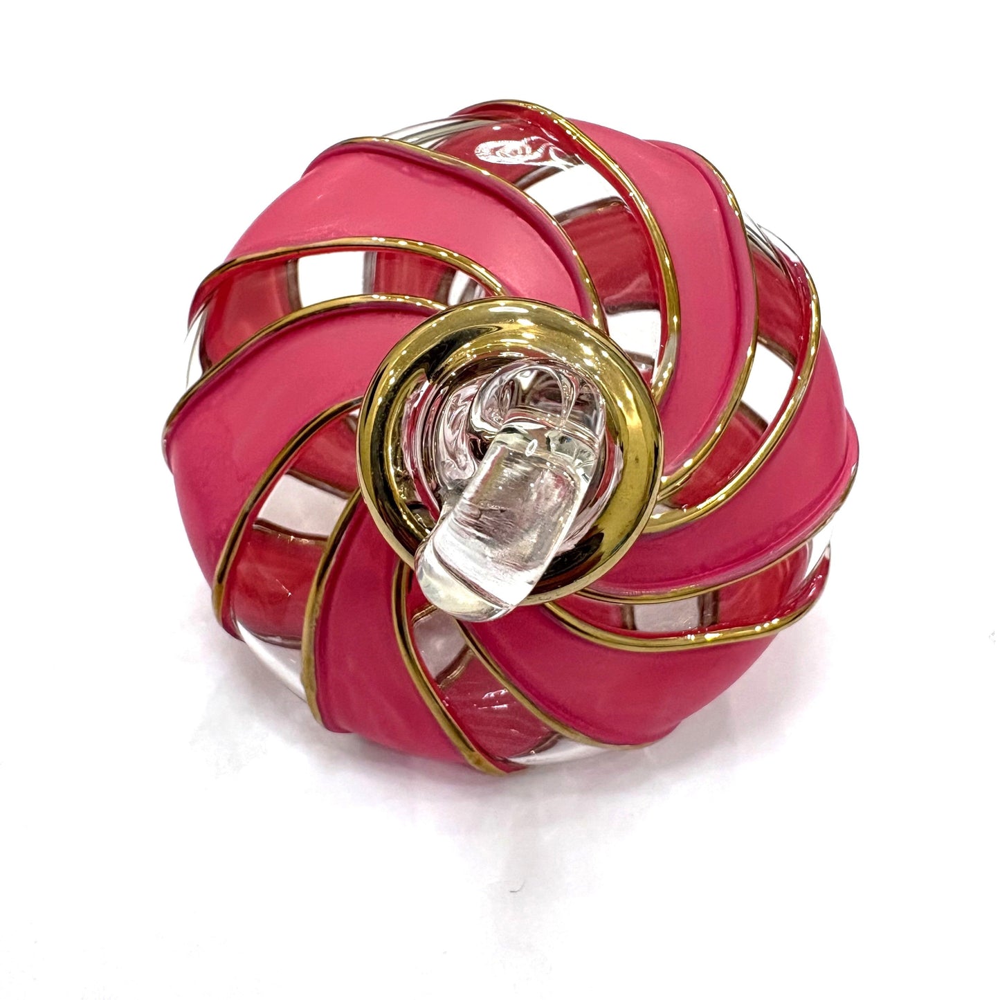 Blown glass ornament with pink and clear glass stripes with gold trim, Fair Trade Handcrafted