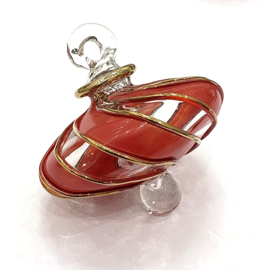 Blown Glass Small Ornament in the Shape of a Toupie with Clear and Red Swirls and Gold Trim, Fair Trade Handmade