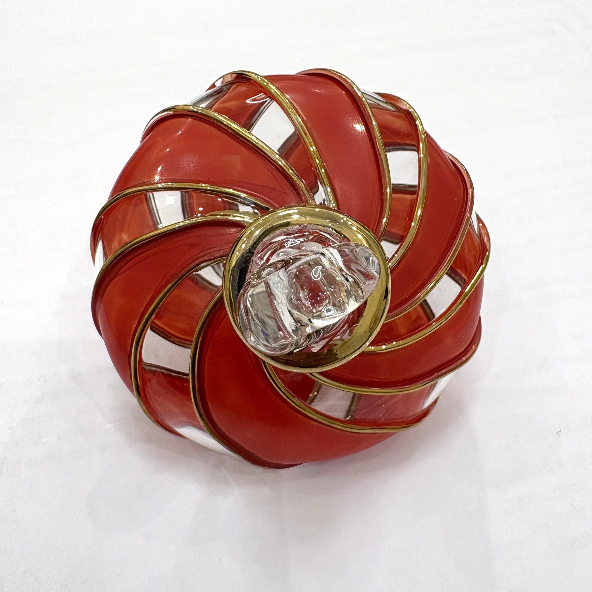 Blown Glass Small Ornament in the Shape of a Toupie with Clear and Red Swirls and Gold Trim, Fair Trade Handmade