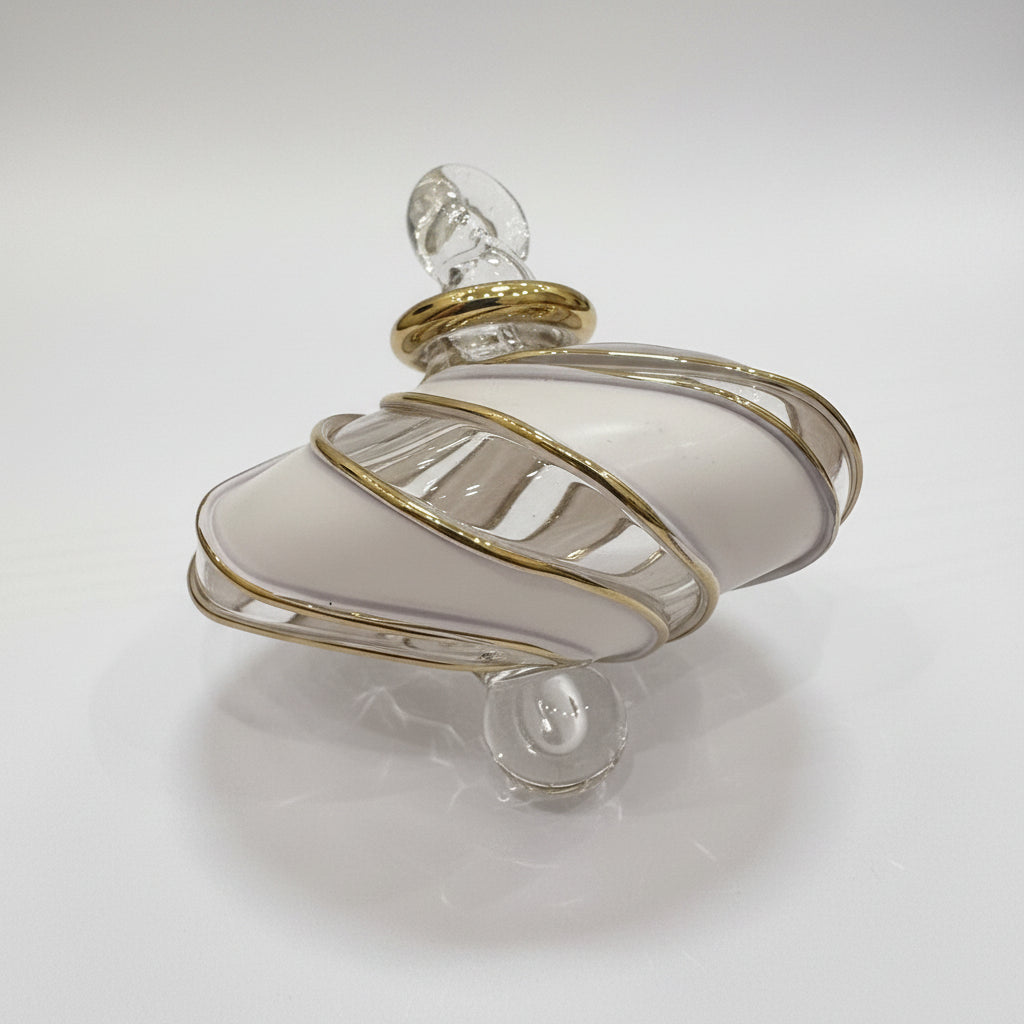 Blown Glass Small Ornament in the Shape of a Toupie with Gold and White Swirls
