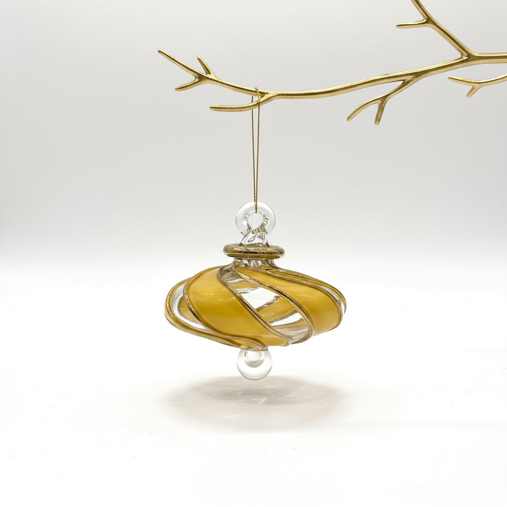 Blown Glass Small Ornament in the Shape of a Toupie with Clear and Yellow Swirls and Gold Trim, Fair Trade Handmade
