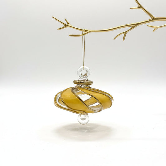 Blown Glass Small Ornament in the Shape of a Toupie with Clear and Yellow Swirls and Gold Trim, Fair Trade Handmade