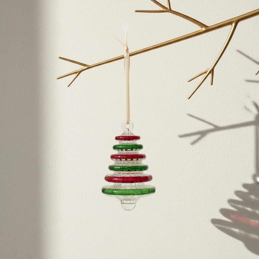 Handblown glass Christmas tree ornament with alternating red and green rings