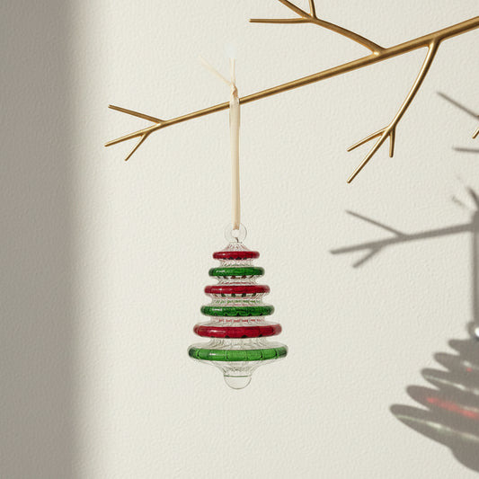 Handblown glass Christmas tree ornament with alternating red and green rings