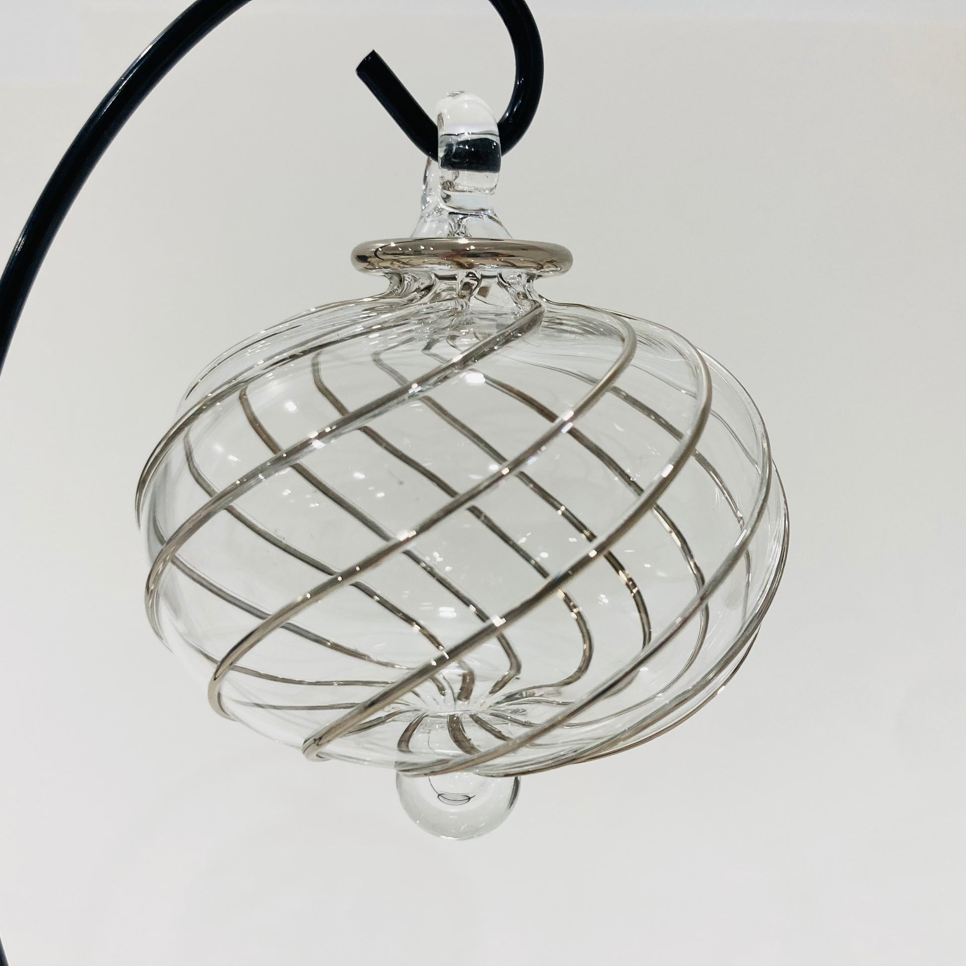 Blown Glass Ornament - Swirl Toupie Silver