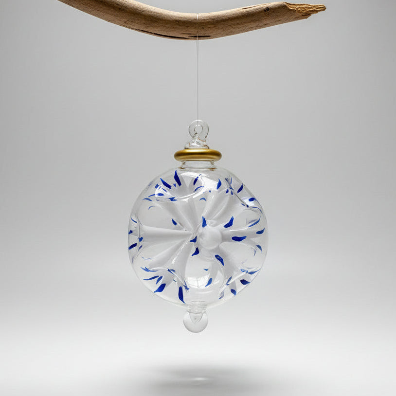 Fair Trade Handblown Glass Ornament - Blossoms White, Ethically Handmade, Heirloom Quality