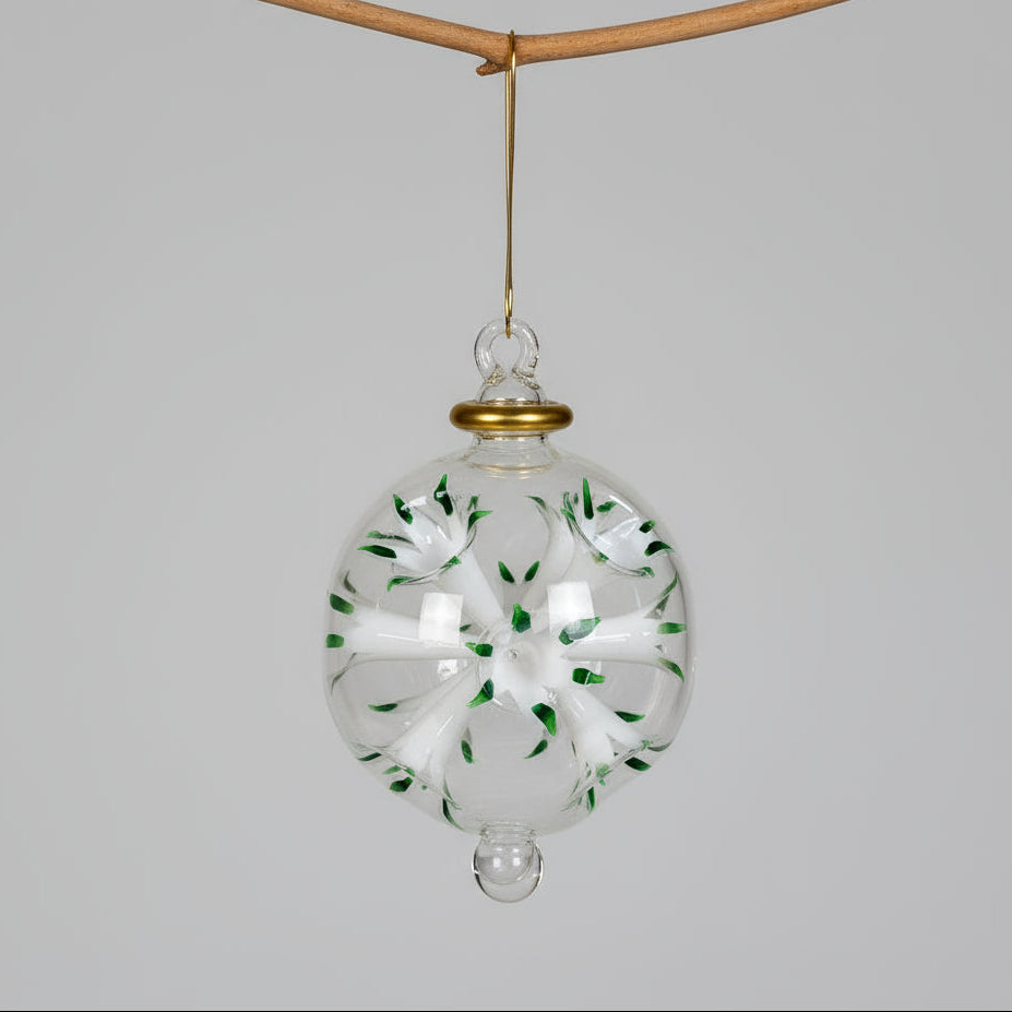Fair Trade Handblown Glass Ornament - Blossoms White, Ethically Handmade, Heirloom Quality
