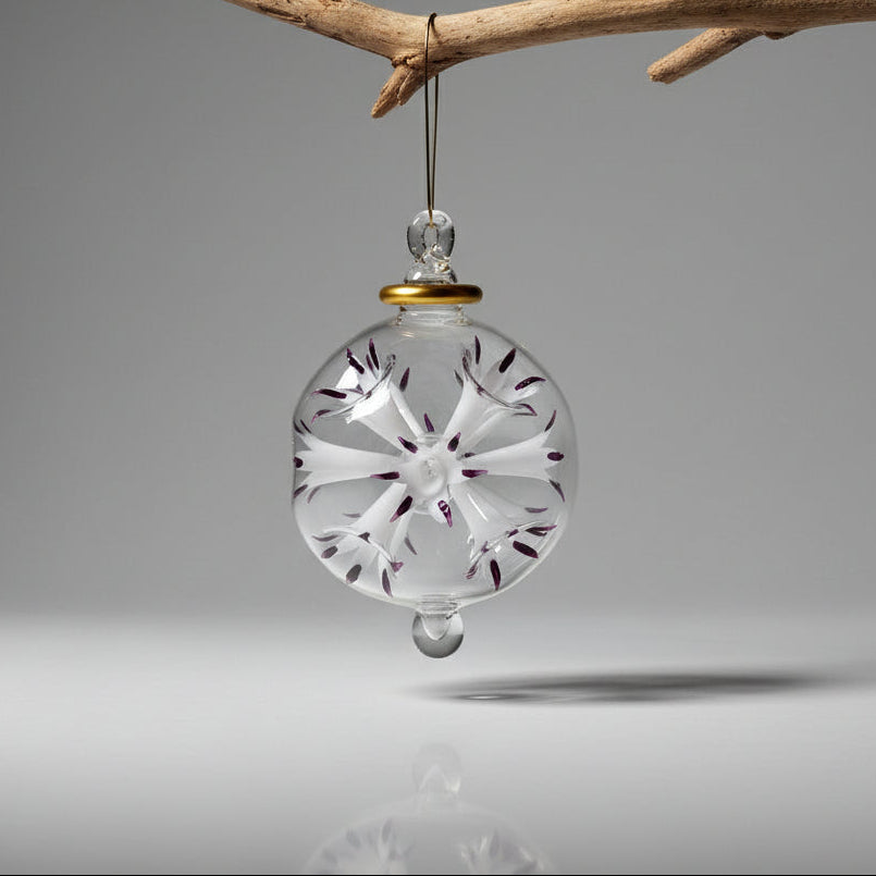 Fair Trade Handblown Glass Ornament - Blossoms White, Ethically Handmade, Heirloom Quality