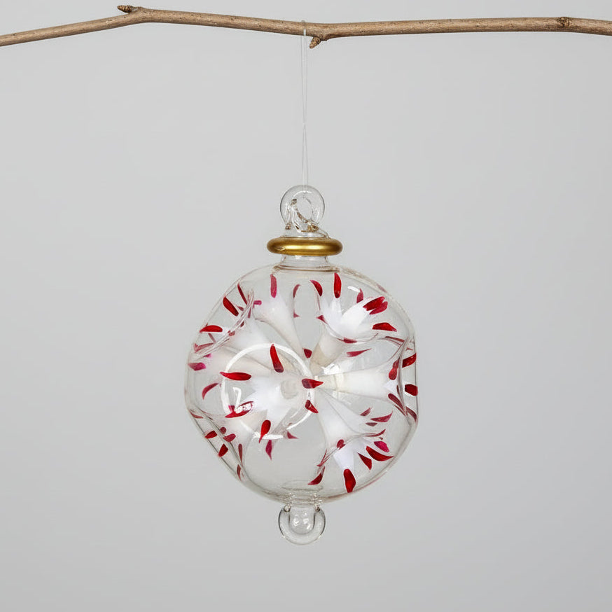 Fair Trade Handblown Glass Ornament - Blossoms White, Ethically Handmade, Heirloom Quality