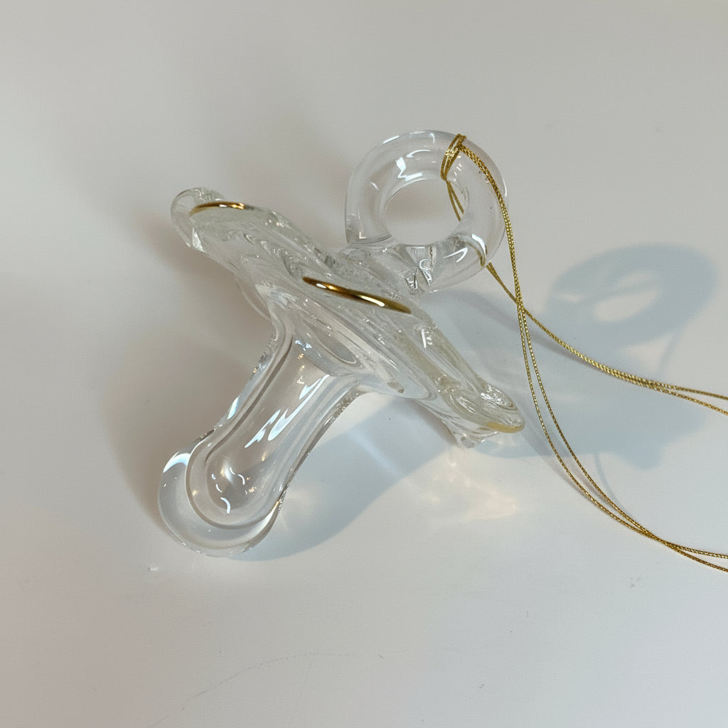 Fair trade clear iridescent glass pacifier ornament, baby shower, baptism, first Christmas, ethically handmade