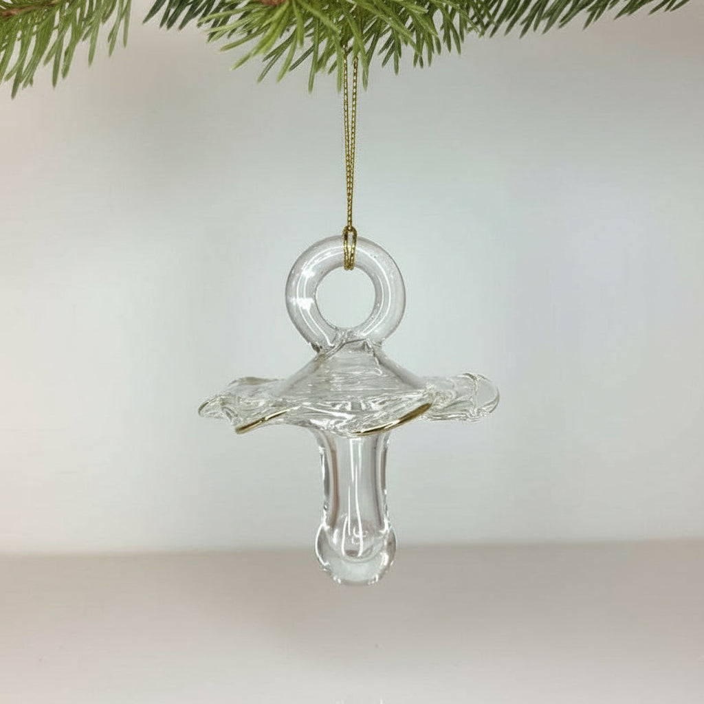 Fair trade clear iridescent glass pacifier ornament, baby shower, baptism, first Christmas, ethically handmade