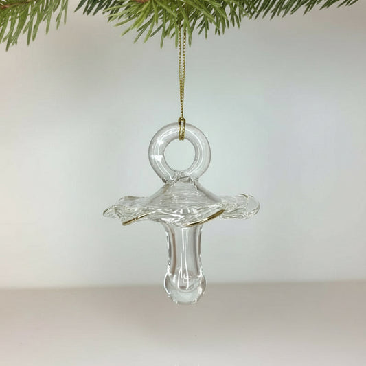 Fair trade clear iridescent glass pacifier ornament, baby shower, baptism, first Christmas, ethically handmade