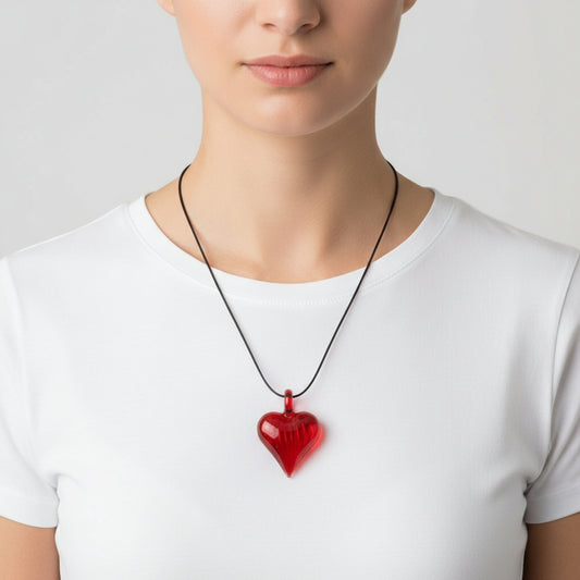 Fair Trade Hand-Blown Glass Heart Pendant - Red, Sustainable Handmade Jewelry, Valentine's Gift, adjustable sliding knot black cord necklace