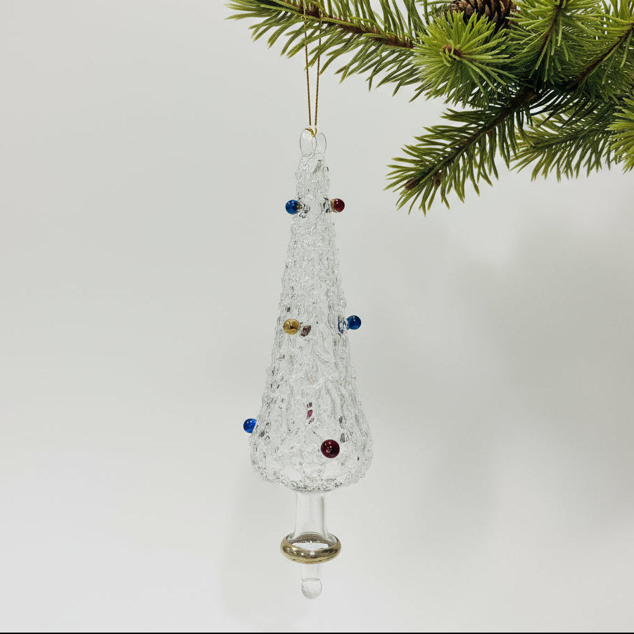 Hand-blown glass clear white pine tree shpaed ornament  with colored baubles