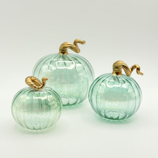 Blown Glass Tabletop Pumpkin - Iridescent Emerald with Gold Stem